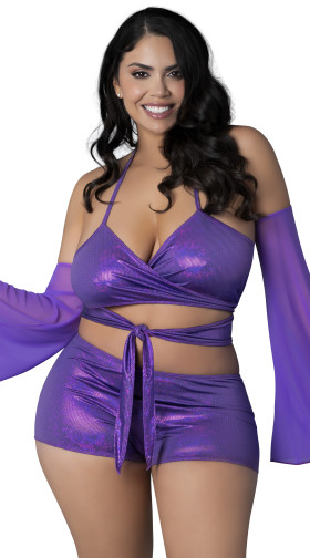 Plus Size Wrap Bralette, Booty Shorts & Flutter Sleeve Set